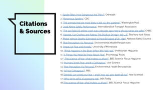 Citations
& Sources
1. “Spider Bites: How Dangerous Are They?”, OnHealth
2. “Venomous Spiders”, CDC
3. “The animals that are most likely to kill you this summer”, Washington Post
4. “2018 Airline Safety Performance”, International Air Transport Association
5. “The last fatal US airline crash was a decade ago. Here's why our skies are safer,” CNBC
6. “Opioids, Car Crashes and Falling: The Odds of Dying in the U.S.”, The New York Times
7. "Motor Vehicle Deaths Estimated to Have Dropped 2% in 2019", National Safety Council
8. “Risk Perception: It’s Personal”, Environmental Health Perspectives
9. “Impact of Fear and Anxiety”, University of Minnesota
10. “What Happens in the Brain When We Feel Fear”, Smithsonian Magazine
11. “7 Things You Need to Know About Fear”, Psychology Today
12. “ The science of fear: what makes us afraid?”, BBC Science Focus Magazine
13. “Humans Smell Fear, and It's Contagious”, Live Science
14. “Risk Perception: It’s Personal”, Environmental Health Perspectives
15. "Is Fear Contagious?", PBS
16."Dentists can smell your fear – and it may put your teeth at risk", New Scientist
17. “Why we're awful at assessing risk”, USA Today
18."The science of fear: what makes us afraid?", BBC Science Focus Magazine
 