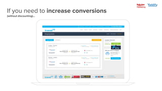 Lead
capture
Conversion Average
Spend
Lifetime
value
If you need to increase conversions
(without discounting)...
 