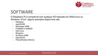 O Raspberry Pi é compatível com qualquer SO baseado em GNU/Linux ou
Windows 10 IoT, alguns exemplos disponíveis são:
- Raspbian
- openSUSE
- Slackware ARM
- FreeBSD e NetBSD
- Kali Linux
- Minepion
- Archlinux ARM
- OpenELEC
- Pidora(Fedora Remix)
 