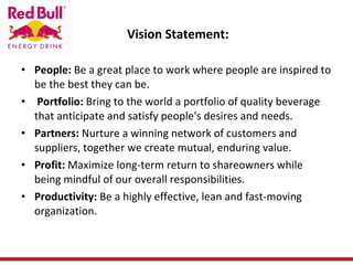 Vision Statement:  People:  Be a great place to work where people are inspired to be the best they can be. Portfolio:  Bring to the world a portfolio of quality beverage that anticipate and satisfy people's desires and needs.  Partners:  Nurture a winning network of customers and suppliers, together we create mutual, enduring value.  Profit:  Maximize long-term return to shareowners while being mindful of our overall responsibilities.  Productivity:  Be a highly effective, lean and fast-moving organization. 