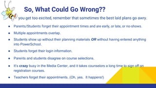 So, What Could Go Wrong??
Before you get too excited, remember that sometimes the best laid plans go awry.
● Parents/Students forget their appointment times and are early, or late, or no-shows.
● Multiple appointments overlap.
● Students show up without their planning materials OR without having entered anything
into PowerSchool.
● Students forget their login information.
● Parents and students disagree on course selections.
● It’s crazy busy in the Media Center, and it takes counselors a long time to sign off on
registration courses.
● Teachers forget their appointments. (Oh, yes. It happens!)
 