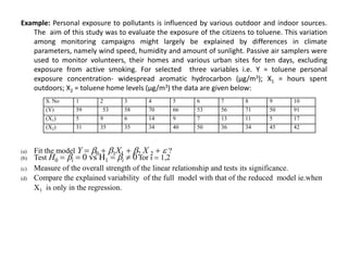 Example: Personal exposure to pollutants is influenced by various outdoor and indoor sources.
The aim of this study was to evaluate the exposure of the citizens to toluene. This variation
among monitoring campaigns might largely be explained by differences in climate
parameters, namely wind speed, humidity and amount of sunlight. Passive air samplers were
used to monitor volunteers, their homes and various urban sites for ten days, excluding
exposure from active smoking. For selected three variables i.e. Y = toluene personal
exposure concentration- widespread aromatic hydrocarbon (µg/m3); X1 = hours spent
outdoors; X2 = toluene home levels (µg/m3) the data are given below:
(a) Fit the model Y  0  1X1  2 X 2  e ?
(b) Test H0  i  0 vs H1  i  0 for i  1,2
(c) Measure of the overall strength of the linear relationship and tests its significance.
(d) Compare the explained variability of the full model with that of the reduced model ie.when
X1 is only in the regression.
S. No 1 2 3 4 5 6 7 8 9 10
(Y) 59 53 58 70 66 53 56 71 50 91
(X1) 5 9 6 14 9 7 13 11 5 17
(X2) 31 35 35 34 40 50 36 34 45 42
 