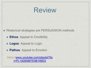 Review
Rhetorical strategies are PERSUASION methods
Ethos: Appeal to Credibility
Logos: Appeal to Logic
Pathos: Appeal to Emotion
https://www.youtube.com/playlist?lis
t=PL19280887E9B189D2
 