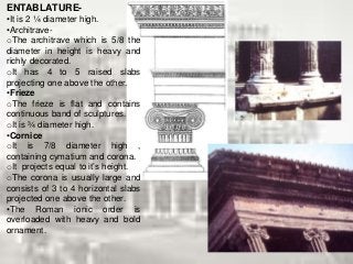 ENTABLATURE-
•It is 2 ¼ diameter high.
•Architrave-
oThe architrave which is 5/8 the
diameter in height is heavy and
richly decorated.
oIt has 4 to 5 raised slabs
projecting one above the other.
•Frieze
oThe frieze is flat and contains
continuous band of sculptures.
oIt is ¾ diameter high.
•Cornice
oIt is 7/8 diameter high ,
containing cymatium and corona.
oIt projects equal to it’s height.
oThe corona is usually large and
consists of 3 to 4 horizontal slabs
projected one above the other.
•The Roman ionic order is
overloaded with heavy and bold
ornament.
 