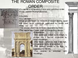 THE ROMAN COMPOSITE
ORDER
•It’s capital is composed of ionic and corinthian order.
•It was used in Triumphal arches.
COLUMN
•It is 10d high.
•It has an attic base, i.e. consists of square blocks, upper
and lower torus mouldings separated by scotia and
fillets.
•The circular shaft has 24 flutes separated by fillets.
•The capital has 2 rows, each of 8 acanthus leaves.
•Entablature-
oThe architrave, which is ¾ d high, is
divided into 2 fascias, separated by
small mouldings.
oThe frieze , which is also 3/4d high,
is in general richly ornamented.
oThe cornice, which is 1d high, is
supported by dentils.
oThe corona is enriched with
mouldings.
 