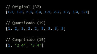 // Original (37)
[1.1, 1.8, 2.3, 2.4, 1.9, 2.7, 3.2, 3.4, 3.1]
// Quantizado (19)
[1, 2, 2, 2, 2, 3, 3, 3, 3]
// Comprimido (15)
[1, ‘2 4’, ‘3 4’]
 
