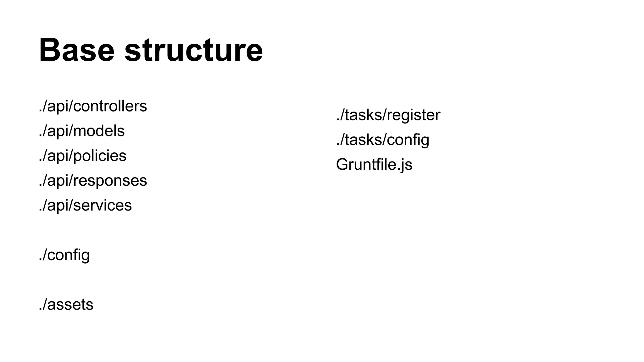 Base structure
./api/controllers
./api/models
./api/policies
./api/responses
./api/services
./config
./assets
./tasks/register
./tasks/config
Gruntfile.js
 