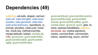 Dependencies (49)
waterline, uid-safe, skipper, semver,
sails-util, sails-stringfile, sails-hook-
sockets, sails-generate, sails-disk,
sails-build-dictionary, reportback, rc,
prompt, pluralize, node-uuid, mock-
res, mock-req, method-override,
merge-defaults, lodash, include-all,
i18n, grunt-sync, grunt-sails-linker,
grunt-contrib-watch, grunt-contrib-
uglify, grunt-contrib-less,
grunt-contrib-jst, grunt-contrib-cssmin,
grunt-contrib-copy, grunt-contrib-
concat, grunt-contrib-coffee, grunt-
contrib-clean, grunt-cli, grunt, glob, fs-
extra, express-handlebars, express,
ejs-locals, ejs, cookie-signature,
cookie, connect-flash, commander,
colors, captains-log, async, anchor
 