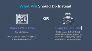 What We Should Do Instead
Require Work Email “Back-Enrich” Data
Pop up message
“Oops, we need a company address
to download our content”
Find a service that will thread
names and databases together to
source the company the personal
email address is associated with
OR
 