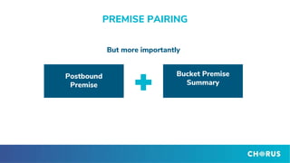 PREMISE PAIRING
Postbound
Premise
Bucket Premise
Summary
But more importantly
 