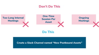 Don’t Do This
Create a Slack Channel named “New Postbound Assets”
Do This
Too-Long Internal
Meetings
One-Time
Session Per
Asset
Ongoing
Meetings
 