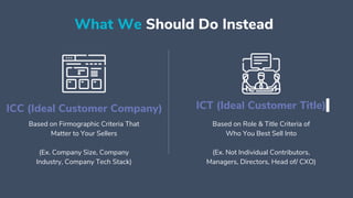 What We Should Do Instead
ICC (Ideal Customer Company) ICT (Ideal Customer Title)
Based on Firmographic Criteria That
Matter to Your Sellers
(Ex. Company Size, Company
Industry, Company Tech Stack)
Based on Role & Title Criteria of
Who You Best Sell Into
(Ex. Not Individual Contributors,
Managers, Directors, Head of/ CXO)
 