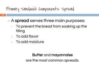 Primary Sandwich Components: Spread
10
◻ A spread serves three main purposes:
1. To prevent the bread from soaking up the
filling
2. To add flavor
3. To add moisture
Butter and mayonnaise
are the most common spreads.
1.3
 