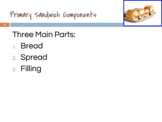 Primary Sandwich Components
8
Three Main Parts:
1. Bread
2. Spread
3. Filling
1.3
 