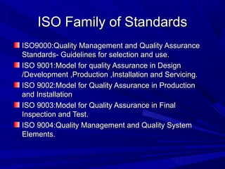 ISO Family of Standards
ISO9000:Quality Management and Quality Assurance
Standards- Guidelines for selection and use.
ISO 9001:Model for quality Assurance in Design
/Development ,Production ,Installation and Servicing.
ISO 9002:Model for Quality Assurance in Production
and Installation
ISO 9003:Model for Quality Assurance in Final
Inspection and Test.
ISO 9004:Quality Management and Quality System
Elements.

 