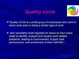 Quality circle
"Quality Circle is a small group of employees who work-in
same work area or doing a similar type of work
who voluntarily meet regularly for about an hour every
week to identify, analyze and resolve work related
problems, leading to improvement, In their total
performance and enrichment of their work life."

 