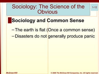 Sociology: The Science of the
Obvious

1-12

█ Sociology and Common Sense
– The earth is flat (Once a common sense)
– Disasters do not generally produce panic

McGraw-Hill

© 2006 The McGraw-Hill Companies, Inc. All rights reserved.

 