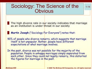 Sociology: The Science of the
Obvious

1-14

█ The high divorce rate in our society indicates that marriage
as an institution is under threat in our society
█ Martin Joseph ("Sociology For Everyone") notes that:
90% of people who divorce remarry, which suggests that marriage
itself is not unpopular. Rather, people have different
expectations of what marriage involves.
In the past, divorce was not possible for the majority of the
population. People in unhappy marriages simply separated from
each other. Since they could not legally remarry, this distorted
the figures for marriage in the past.

McGraw-Hill

© 2006 The McGraw-Hill Companies, Inc. All rights reserved.

 