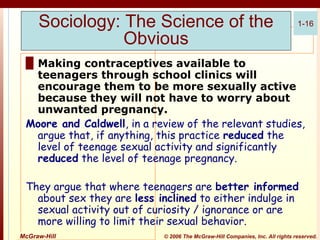 Sociology: The Science of the
Obvious

1-16

█ Making contraceptives available to
teenagers through school clinics will
encourage them to be more sexually active
because they will not have to worry about
unwanted pregnancy.
Moore and Caldwell, in a review of the relevant studies,
argue that, if anything, this practice reduced the
level of teenage sexual activity and significantly
reduced the level of teenage pregnancy.
They argue that where teenagers are better informed
about sex they are less inclined to either indulge in
sexual activity out of curiosity / ignorance or are
more willing to limit their sexual behavior.
McGraw-Hill

© 2006 The McGraw-Hill Companies, Inc. All rights reserved.

 