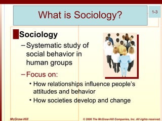 What is Sociology?

1-3

█ Sociology
– Systematic study of
social behavior in
human groups
– Focus on:
• How relationships influence people’s
attitudes and behavior
• How societies develop and change
McGraw-Hill

© 2006 The McGraw-Hill Companies, Inc. All rights reserved.

 