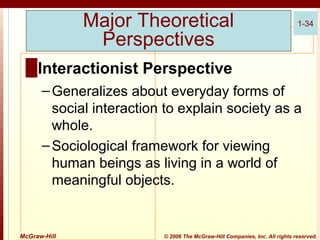 Major Theoretical
Perspectives

1-34

█ Interactionist Perspective
– Generalizes about everyday forms of
social interaction to explain society as a
whole.
– Sociological framework for viewing
human beings as living in a world of
meaningful objects.

McGraw-Hill

© 2006 The McGraw-Hill Companies, Inc. All rights reserved.

 