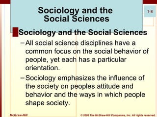 Sociology and the
Social Sciences

1-8

█ Sociology and the Social Sciences
– All social science disciplines have a
common focus on the social behavior of
people, yet each has a particular
orientation.
– Sociology emphasizes the influence of
the society on peoples attitude and
behavior and the ways in which people
shape society.
McGraw-Hill

© 2006 The McGraw-Hill Companies, Inc. All rights reserved.

 