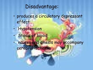 Disadvantage: produces a circulatory depressant effect Hypotension Stasis of blood nausea and emesis may accompany cerebral ischemia  