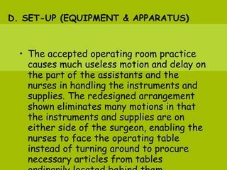 D. SET-UP (EQUIPMENT & APPARATUS) The accepted operating room practice causes much useless motion and delay on the part of the assistants and the nurses in handling the instruments and supplies. The redesigned arrangement shown eliminates many motions in that the instruments and supplies are on either side of the surgeon, enabling the nurses to face the operating table instead of turning around to procure necessary articles from tables ordinarily located behind them. 