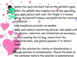 loosen the neck and back ties on the patient’s gown after the patient has transferred to the operating bed, apply safety belt over the thighs 2-3 inches above the patient’s knees, and place his/her arms on armboards. help anesthesia provider as needed apply and connect monitoring devices, and assist with IV infusion, induction, and intubations as necessary. before handing the IV bag, check first the expiration date, and gently squeeze it to detect leaks. check the solution for clarity or discoloration; a cloudy solution is contaminated.  Check the label on the container before the solution is administered. 