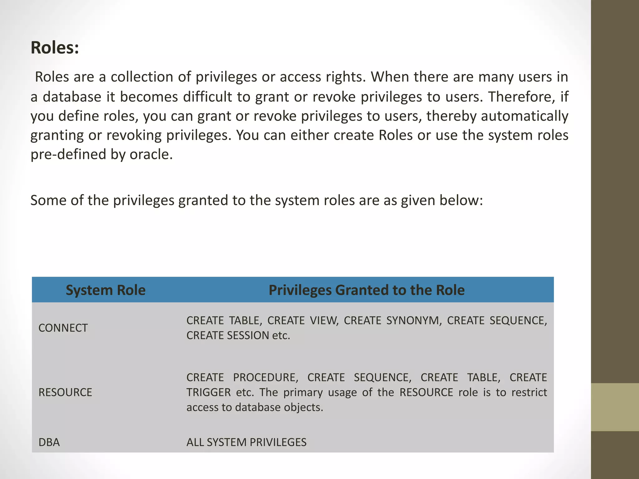 Roles: 
Roles are a collection of privileges or access rights. When there are many users in 
a database it becomes difficult to grant or revoke privileges to users. Therefore, if 
you define roles, you can grant or revoke privileges to users, thereby automatically 
granting or revoking privileges. You can either create Roles or use the system roles 
pre-defined by oracle. 
Some of the privileges granted to the system roles are as given below: 
System Role Privileges Granted to the Role 
CONNECT 
CREATE TABLE, CREATE VIEW, CREATE SYNONYM, CREATE SEQUENCE, 
CREATE SESSION etc. 
RESOURCE 
CREATE PROCEDURE, CREATE SEQUENCE, CREATE TABLE, CREATE 
TRIGGER etc. The primary usage of the RESOURCE role is to restrict 
access to database objects. 
DBA ALL SYSTEM PRIVILEGES 
 