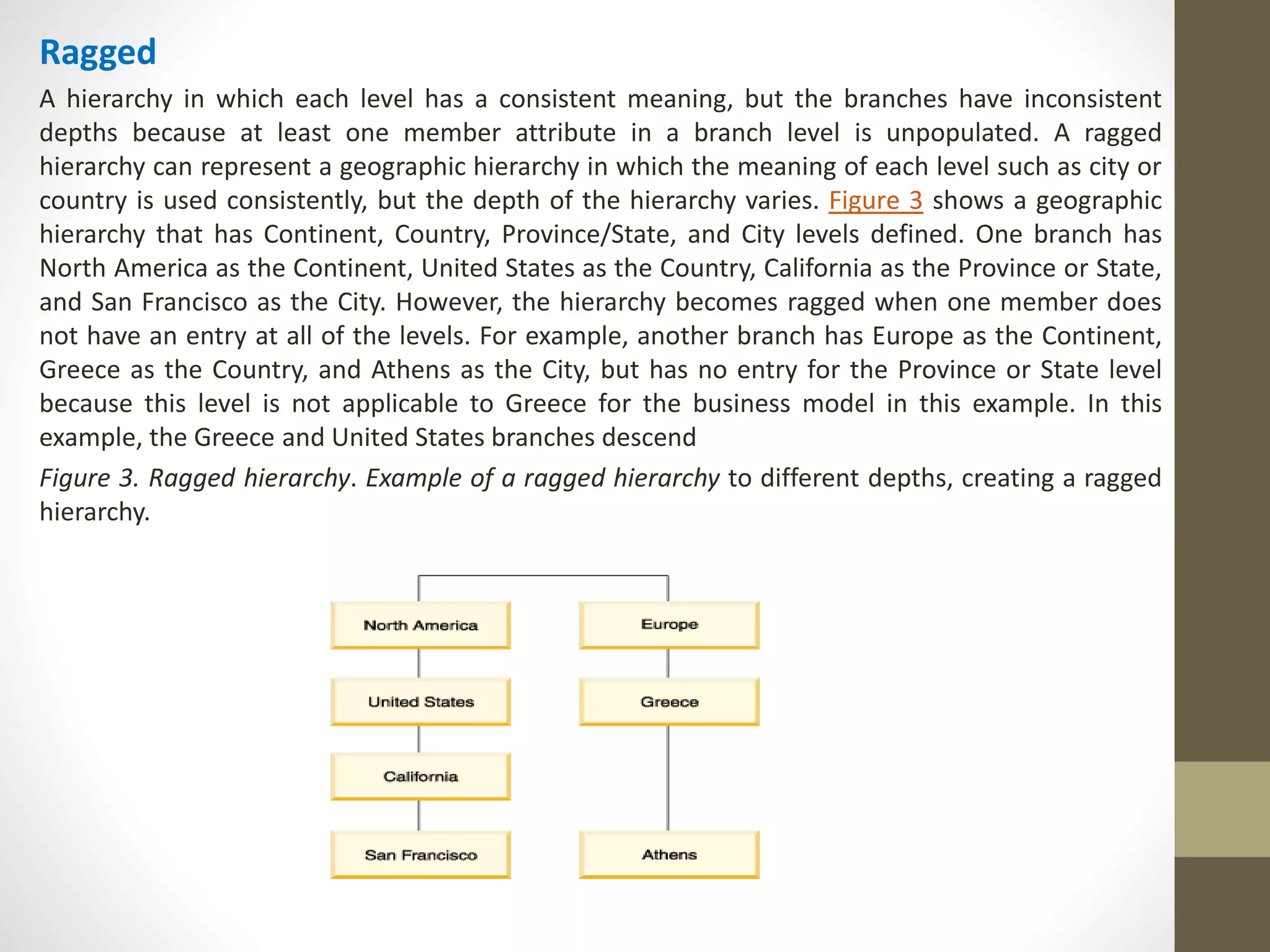 Ragged 
A hierarchy in which each level has a consistent meaning, but the branches have inconsistent 
depths because at least one member attribute in a branch level is unpopulated. A ragged 
hierarchy can represent a geographic hierarchy in which the meaning of each level such as city or 
country is used consistently, but the depth of the hierarchy varies. Figure 3 shows a geographic 
hierarchy that has Continent, Country, Province/State, and City levels defined. One branch has 
North America as the Continent, United States as the Country, California as the Province or State, 
and San Francisco as the City. However, the hierarchy becomes ragged when one member does 
not have an entry at all of the levels. For example, another branch has Europe as the Continent, 
Greece as the Country, and Athens as the City, but has no entry for the Province or State level 
because this level is not applicable to Greece for the business model in this example. In this 
example, the Greece and United States branches descend 
Figure 3. Ragged hierarchy. Example of a ragged hierarchy to different depths, creating a ragged 
hierarchy. 
 