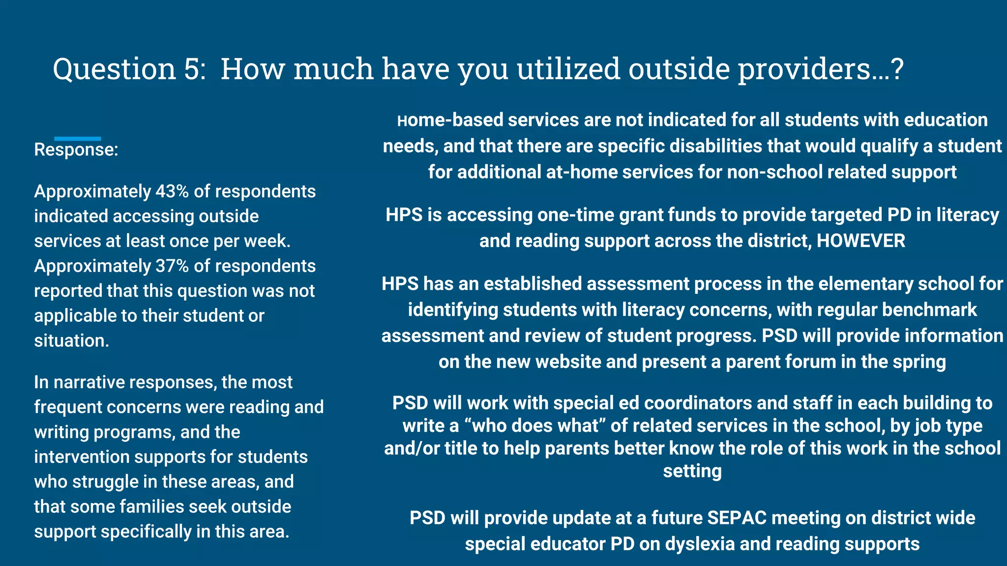 Question 5: How much have you utilized outside providers…?
Response:
Approximately 43% of respondents
indicated accessing outside
services at least once per week.
Approximately 37% of respondents
reported that this question was not
applicable to their student or
situation.
In narrative responses, the most
frequent concerns were reading and
writing programs, and the
intervention supports for students
who struggle in these areas, and
that some families seek outside
support specifically in this area.
Home-based services are not indicated for all students with education
needs, and that there are specific disabilities that would qualify a student
for additional at-home services for non-school related support
HPS is accessing one-time grant funds to provide targeted PD in literacy
and reading support across the district, HOWEVER
HPS has an established assessment process in the elementary school for
identifying students with literacy concerns, with regular benchmark
assessment and review of student progress. PSD will provide information
on the new website and present a parent forum in the spring
PSD will work with special ed coordinators and staff in each building to
write a “who does what” of related services in the school, by job type
and/or title to help parents better know the role of this work in the school
setting
PSD will provide update at a future SEPAC meeting on district wide
special educator PD on dyslexia and reading supports
 