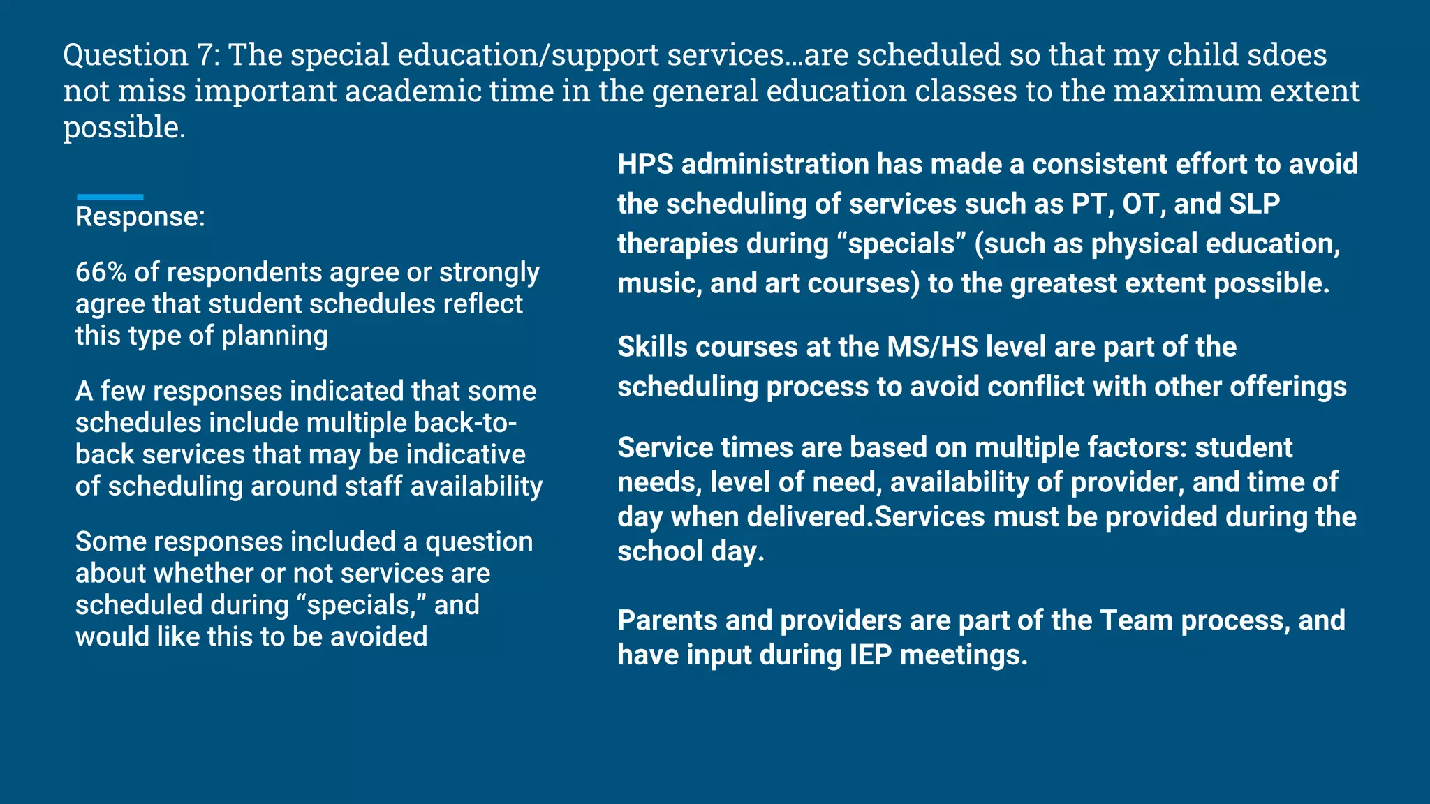 Question 7: The special education/support services…are scheduled so that my child sdoes
not miss important academic time in the general education classes to the maximum extent
possible.
Response:
66% of respondents agree or strongly
agree that student schedules reflect
this type of planning
A few responses indicated that some
schedules include multiple back-to-
back services that may be indicative
of scheduling around staff availability
Some responses included a question
about whether or not services are
scheduled during “specials,” and
would like this to be avoided
HPS administration has made a consistent effort to avoid
the scheduling of services such as PT, OT, and SLP
therapies during “specials” (such as physical education,
music, and art courses) to the greatest extent possible.
Skills courses at the MS/HS level are part of the
scheduling process to avoid conflict with other offerings
Service times are based on multiple factors: student
needs, level of need, availability of provider, and time of
day when delivered.Services must be provided during the
school day.
Parents and providers are part of the Team process, and
have input during IEP meetings.
 