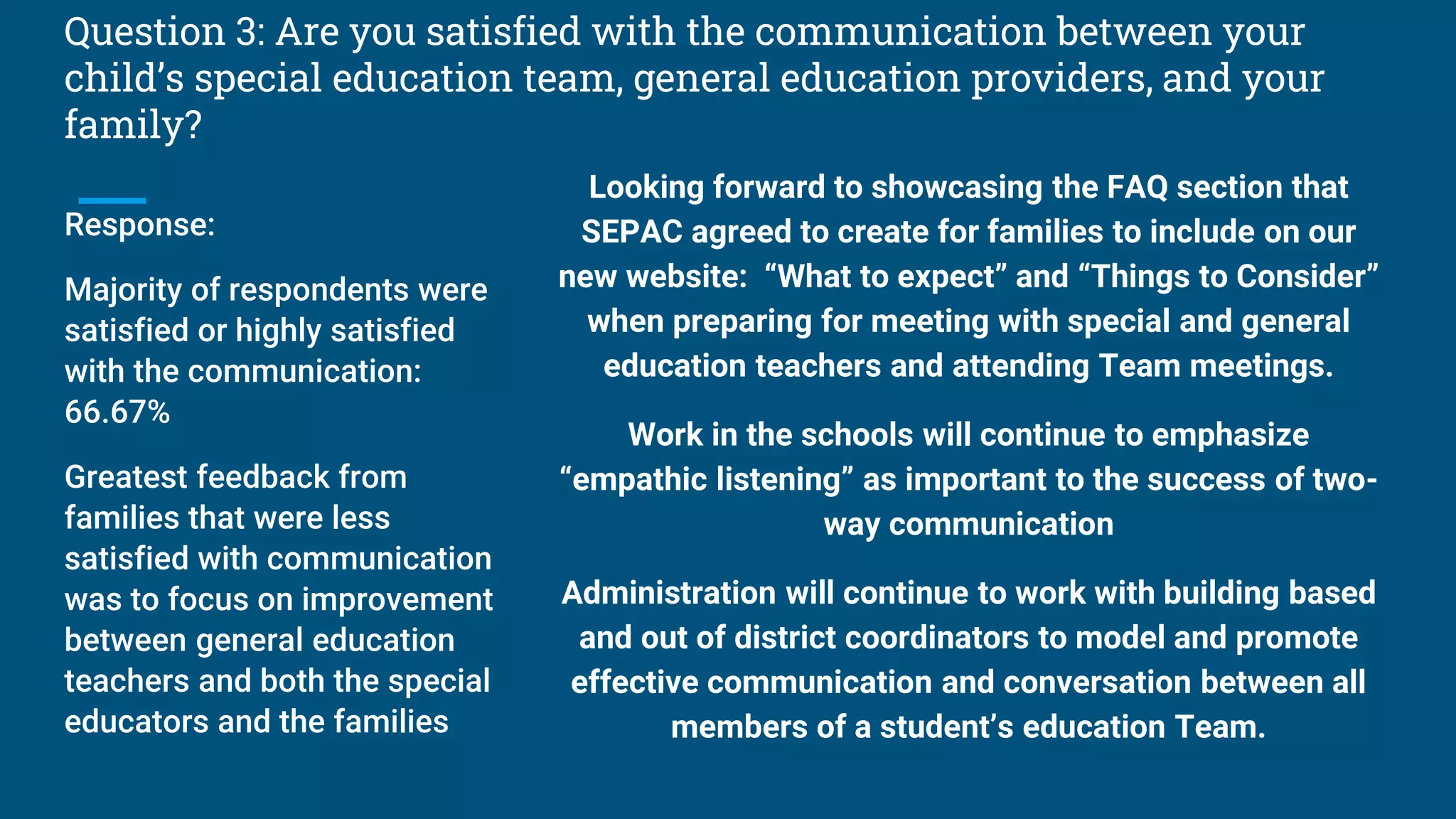 Question 3: Are you satisfied with the communication between your
child’s special education team, general education providers, and your
family?
Response:
Majority of respondents were
satisfied or highly satisfied
with the communication:
66.67%
Greatest feedback from
families that were less
satisfied with communication
was to focus on improvement
between general education
teachers and both the special
educators and the families
Looking forward to showcasing the FAQ section that
SEPAC agreed to create for families to include on our
new website: “What to expect” and “Things to Consider”
when preparing for meeting with special and general
education teachers and attending Team meetings.
Work in the schools will continue to emphasize
“empathic listening” as important to the success of two-
way communication
Administration will continue to work with building based
and out of district coordinators to model and promote
effective communication and conversation between all
members of a student’s education Team.
 