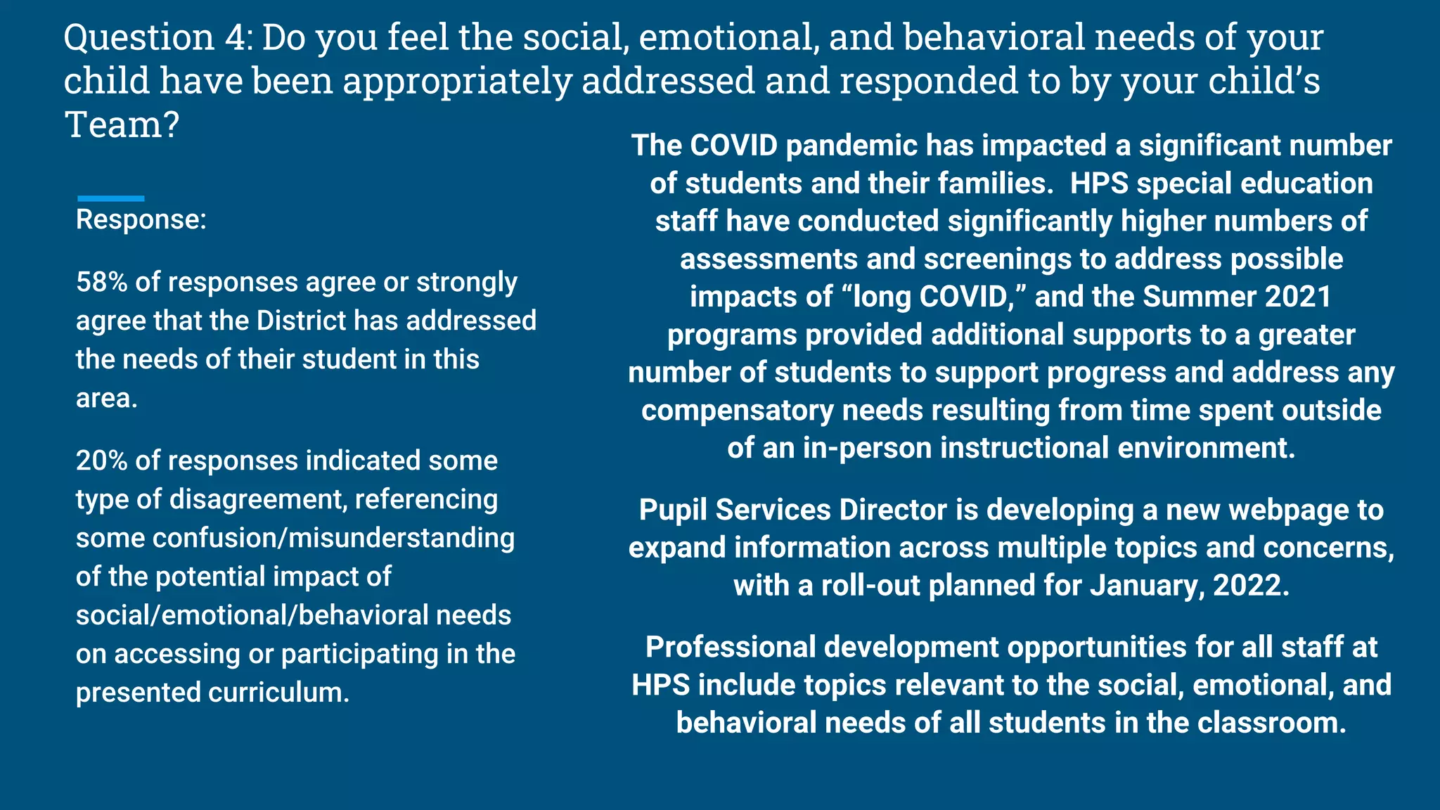 Question 4: Do you feel the social, emotional, and behavioral needs of your
child have been appropriately addressed and responded to by your child’s
Team?
Response:
58% of responses agree or strongly
agree that the District has addressed
the needs of their student in this
area.
20% of responses indicated some
type of disagreement, referencing
some confusion/misunderstanding
of the potential impact of
social/emotional/behavioral needs
on accessing or participating in the
presented curriculum.
The COVID pandemic has impacted a significant number
of students and their families. HPS special education
staff have conducted significantly higher numbers of
assessments and screenings to address possible
impacts of “long COVID,” and the Summer 2021
programs provided additional supports to a greater
number of students to support progress and address any
compensatory needs resulting from time spent outside
of an in-person instructional environment.
Pupil Services Director is developing a new webpage to
expand information across multiple topics and concerns,
with a roll-out planned for January, 2022.
Professional development opportunities for all staff at
HPS include topics relevant to the social, emotional, and
behavioral needs of all students in the classroom.
 
