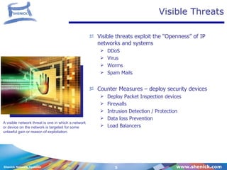 Visible Threats Visible threats exploit the “Openness” of IP networks and systems DDoS  Virus Worms Spam Mails Counter Measures – deploy security devices Deploy Packet Inspection devices Firewalls Intrusion Detection / Protection Data loss Prevention  Load Balancers A visible network threat is one in which a network or device on the network is targeted for some unlawful gain or reason of exploitation.  