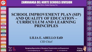 SCHOOL IMPROVEMENT PLAN (SIP)
AND QUALITY OF EDUCATION –
CURRICULUM AND LEARNING
PRINCIPLES
LILIA E. ABELLO EdD
CID Chief
 