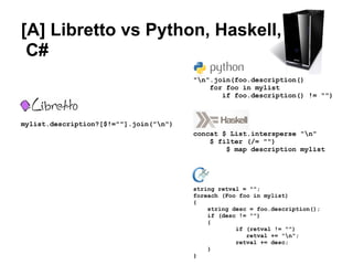 [A] Libretto vs Python, Haskell,
 C#
                                        "n".join(foo.description()
                                            for foo in mylist
                                               if foo.description() != "")



mylist.description?[$!=""].join("n")
                                        concat $ List.intersperse "n"
                                            $ filter (/= "")
                                                $ map description mylist




                                        string retval = "";
                                        foreach (Foo foo in mylist)
                                        {
                                            string desc = foo.description();
                                            if (desc != "")
                                            {
                                                    if (retval != "")
                                                       retval += "n";
                                                    retval += desc;
                                            }
                                        }
 