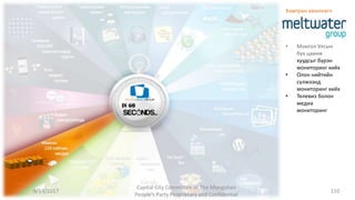 Хамтран ажиллагч
• Монгол Улсын
бүх цахим
хуудсыг бүрэн
мониторинг хийх
• Олон нийтийн
сүлжээнд
мониторинг хийх
• Телевиз болон
медиа
мониторинг
6/14/2017
Capital City Committee of The Mongolian
People’s Party Proprietary and Confidential
110
 