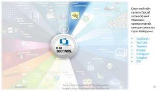 Олон нийтийн
сүлжээ (Social
network)-ний
томоохон
компаниудтай
хамтран ажиллах
гэрээ байгуулна:
• Facebook
• YouTube
• Tweeter
• Google
• Instagram
• Google+
• ZTE
6/14/2017
Capital City Committee of The Mongolian
People’s Party Proprietary and Confidential
98
 