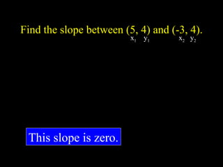 Find the slope between (5, 4) and (-3, 4).
1
2
1
2
x
x
y
y
m
?
?
?
)
5
(
)
3
-
(
)
4
(
)
4
(
?
?
?
m
8
-
0
?
This slope is zero.
x1 y1 x2 y2
0
?
 