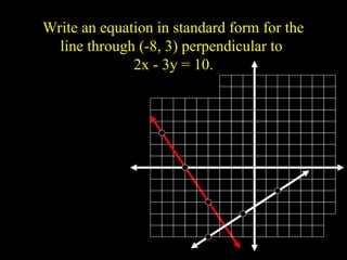 Write an equation in standard form for the
line through (-8, 3) perpendicular to
2x - 3y = 10.
3
10
3
2
?
? x
y
9
2
3
-
?
? x
y
 
