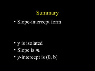 Summary
b
mx
y ?
?
? Slope-intercept form
? y is isolated
? Slope is m.
? y-intercept is (0, b)
 