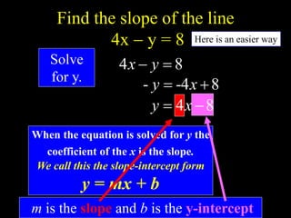 Find the slope of the line
4x  y = 8 Here is an easier way
Solve
for y.
8
4 
 y
x
8
4
-
- 
 x
y
8
4 
 x
y
When the equation is solved for y the
coefficient of the x is the slope.
We call this the slope-intercept form
y = mx + b
m is the slope and b is the y-intercept
 