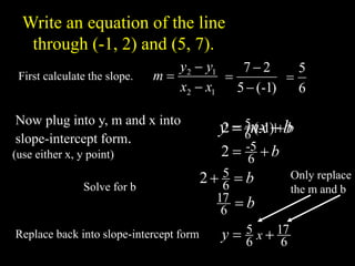 Write an equation of the line
through (-1, 2) and (5, 7).
First calculate the slope.
b

 )
1
-
(
2 6
5
1
2
1
2
x
x
y
y
m



)
1
-
(
5
2
7



6
5

Now plug into y, m and x into
slope-intercept form.
(use either x, y point)
Solve for b
Replace back into slope-intercept form
b
mx
y 

b

 6
5
-
2
b

 6
5
2
b

6
17
6
17
6
5 
 x
y
Only replace
the m and b
 