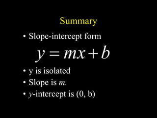 Summary
b
mx
y 

• Slope-intercept form
• y is isolated
• Slope is m.
• y-intercept is (0, b)
 