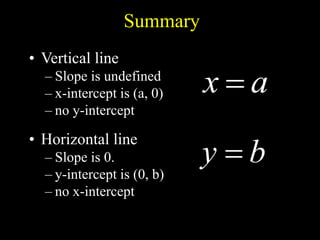 Summary
• Vertical line
– Slope is undefined
– x-intercept is (a, 0)
– no y-intercept
• Horizontal line
– Slope is 0.
– y-intercept is (0, b)
– no x-intercept
a
x 
b
y 
 