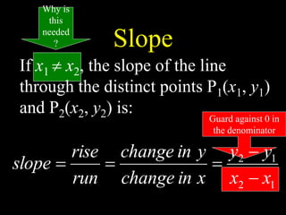 Guard against 0 in
the denominator
Slope
If x1  x2, the slope of the line
through the distinct points P1(x1, y1)
and P2(x2, y2) is:
1
2
1
2
x
x
y
y
x
in
change
y
in
change
run
rise
slope





Why is
this
needed
?
 