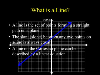 What is a Line?
• A line is the set of points forming a straight
path on a plane
• The slant (slope) between any two points on
a line is always equal
• A line on the Cartesian plane can be
described by a linear equation
x-axis
y-axis
 