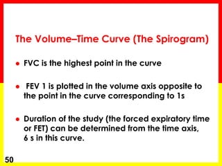  FVC is the highest point in the curve 
 FEV 1 is plotted in the volume axis opposite to 
the point in the curve corresponding to 1s 
 Duration of the study (the forced expiratory time 
or FET) can be determined from the time axis, 
6 s in this curve. 
50 
The Volume–Time Curve (The Spirogram) 
 